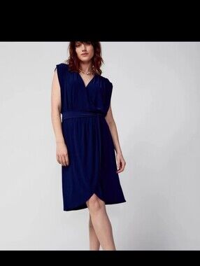 White House Black Market Navy Wrap Midi Dress with Tie Waist